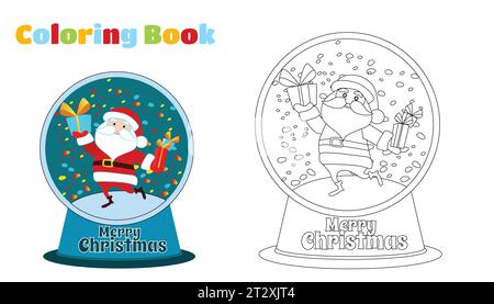 Ausmalseite. Der lustige Weihnachtsmann tanzt oder rennt mit einem Geschenk in der Hand. Weihnachtsszene in einer Glaskugel im Cartoon Flat Style. Die Stimmung der Freude Stock Vektor
