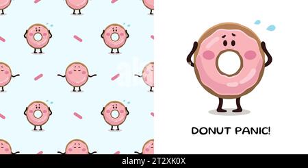 Donut in Panik im Cartoon-Stil zum Entwerfen von Babykleidung. Postkarte mit rosafarbenem Donut und nahtlosem Muster, Schriftzug. Zeichentrickfilm böhmische Kinderstube prin Stock Vektor