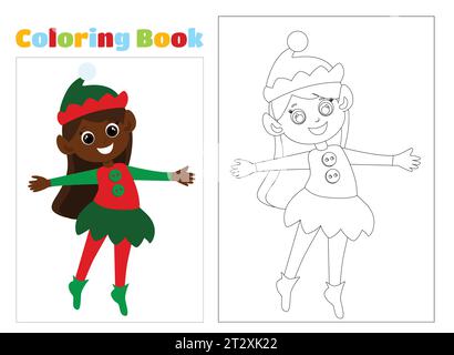Ausmalseite. Die Weihnachtself trägt ein Elfenkostüm und sie ist glücklich. Kleines süßes Elfenmädchen im Cartoon-Stil. Das Kind wirbelt aufgeregt herum Stock Vektor