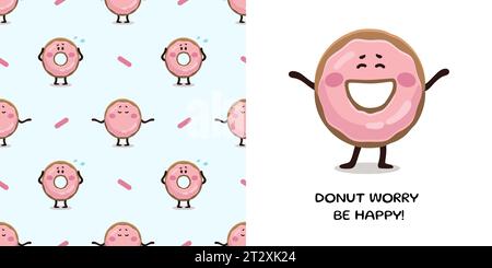 Happy Donut im Cartoon-Stil zum Entwerfen von Babykleidung. Postkarte mit rosafarbenem Donut und nahtlosem Muster, Schriftzug. Karikaturdruck des böhmischen Kindergartens. Stock Vektor