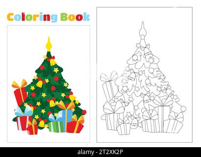 Ausmalseite. Weihnachtsbaum mit Spielzeug und Kugeln, Sternen und Girlanden im Cartoon-Stil. Festliche Illustration isoliert. Stock Vektor