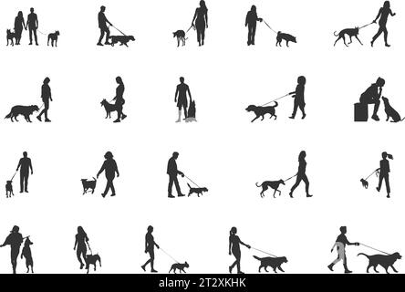 Menschen Walking Hund Silhouetten, Mann und Frau gehen mit Hund Silhouette, Mann Walking Hund Silhouette, Frau Walking Hund Silhouette Stock Vektor