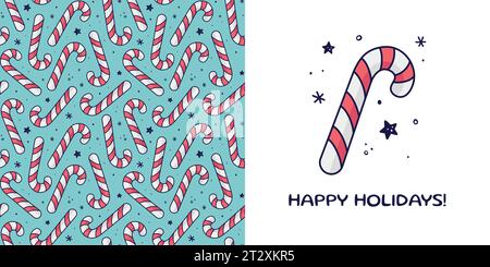 Handgezeichneter Zuckerrohr im Doodle-Stil zum Entwerfen von Babykleidung. Postkarte mit Zuckerrohr, Schriftzug und nahtlosem Muster. Vektorillustrat Stock Vektor