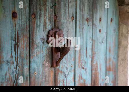 Braune Vogeltür mit klopfendem Stahlvogel auf der alten Vintage-Fassade Stockfoto