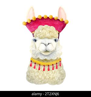 Aquarell niedliches Alpaka lama mit traditionellen Perus Dekorationen und Accessoires Karikaturillustration in rosa Farben für Geburtstagsgrußkarte, Post Stockfoto