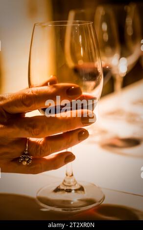 Weingläser teilweise mit Rotwein gefüllt bei einer Weinprobe am Abend im Waddesdon Manor, Buckinghamshire. Stockfoto