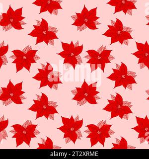 Nahtloses handgezeichnetes Muster mit rosa roten Weihnachtsstern Weihnachtsstern Blumen Winter Blumendruck, rotes rosa purpurpurrotes Zinnoberrot auf weißem Hintergrund, für Neujahrspackpapier Textil botanische Dekorkunst Stockfoto