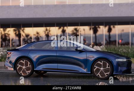 1.200 ps und ein Hundertstel in 2 Sekunden. Hier ist der Lucid Air Saphir Stockfoto