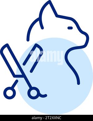 Haustierpflege. Katze und Schere. Symbol für perfekte Pixel Stock Vektor