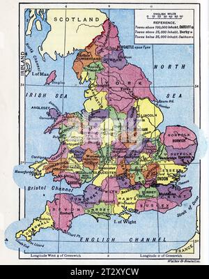 Landkarte von England um 1910 aus einem Lehrbuch für die Geographie der Schule Stockfoto