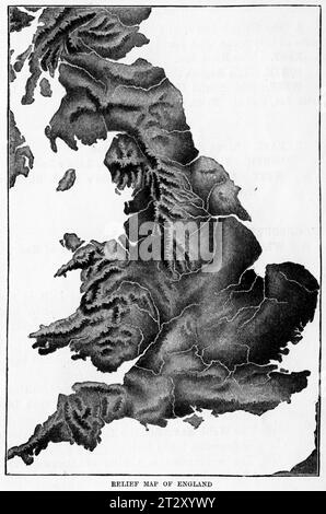 Reliefkarte von England um 1910 aus einem Schulgeographie-Lehrbuch Stockfoto