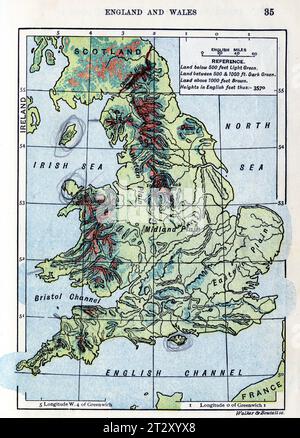 Landkarte von England um 1910 aus einem Lehrbuch für die Geographie der Schule Stockfoto