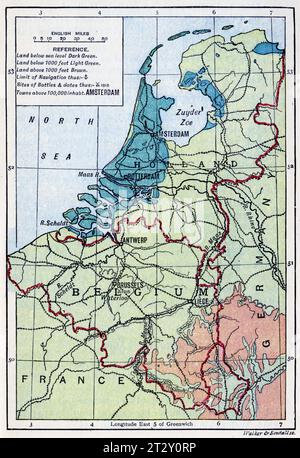 Karte der Niederländer in Europa um 1910 aus einem Schulgeographie-Lehrbuch Stockfoto