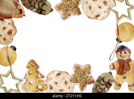 Handgezeichnete Aquarellillustration. Hausgemachter Shortbread-Keks, Lebkuchenmann, Baum, robin-Vogel, Weihnachtsschmuck. Horizontaler Rahmen isoliert auf Stockfoto