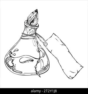 Handgezeichnete Flasche mit Tintenvektorfläschchen für Trank, Papieretikett. Skizzenillustration Kunst Hexerei, Medizin Chemie, Alchemie. Isoliertes Objekt, Modellstruktur Stock Vektor