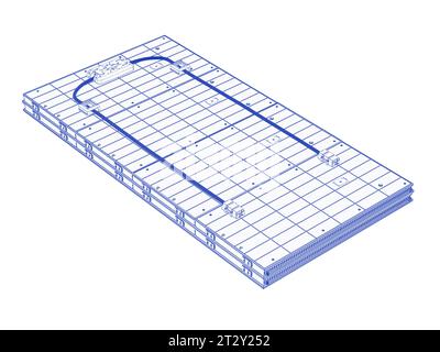 3D-Rendering-Drahtmodell einer Batterie eines Elektrofahrzeugs oder eines Moduls mit Lithium-Ionen-Batteriezellen isoliert Stockfoto