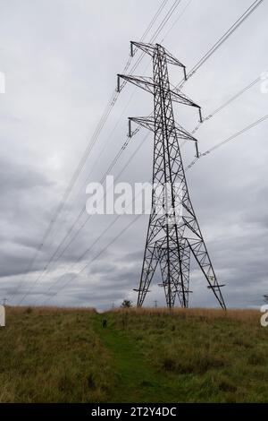 Elektrische Pylonen in der schottischen Landschaft an einem Herbstmorgen Stockfoto