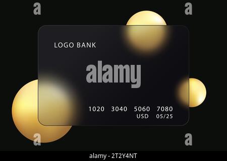 Abstrakter Glasmorphismus-Hintergrund. Dunkeltransparente Bankkarte mit goldenen Kugeln auf schwarzem Hintergrund. Stock Vektor