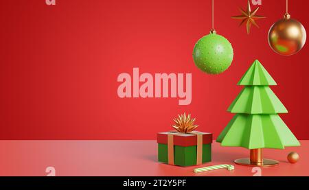 Frohes neues Jahr und frohe Weihnachten. Weihnachtsbaum Geschenkbox Dekorationen auf rotem Hintergrund. 3D-Rendering Stockfoto