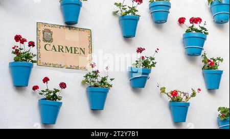 Ein Bild von blauen Pflanztöpfen, die in der Altstadt von Marbella hängen Stockfoto
