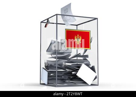 Montenegro - Wahlurne mit Stimmen und Nationalflagge - Wahlkonzept - 3D-Illustration Stockfoto