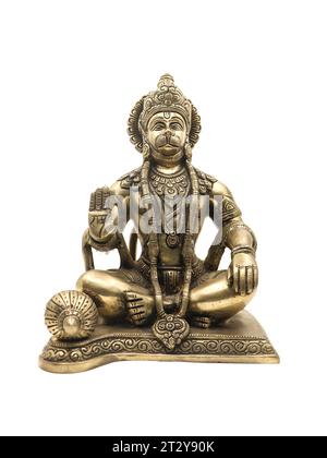 goldener Messinglord hanuman Statue, ein Affengott aus ramayana der hinduistischen Mythologie, sitzend und segnend aus isoliertem Stockfoto