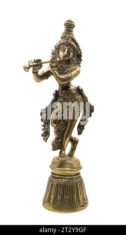 vishnu Avatar Lord krishna der hinduistischen Religion goldene Statue Flöte spielt handgefertigt mit wunderschönen Details aus einem Antiquitätengeschäft isoliert Stockfoto