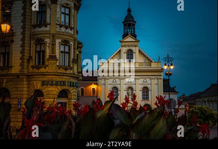 PECS, UNGARN - 17. AUGUST 2022: St. Sebastian-Kirche auf dem Hauptplatz - Szechenyi - am Abend Stockfoto