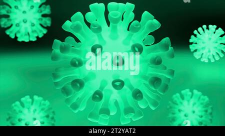 Grüner und türkisfarbener Hintergrund mit Mikroben. Design. Ich habe Zeichentrickanimation mit Mikroben gemacht, die sich im Kreis drehen. Stockfoto