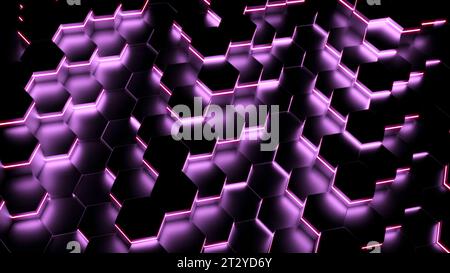 Cyber-Hintergrund mit bewegten Neon-Hexagonen. Design. Cyber-Wellen von Neonhexagonen auf schwarzem Hintergrund. Dunkler Hintergrund mit sich bewegenden Neon-Sechsecken Stockfoto