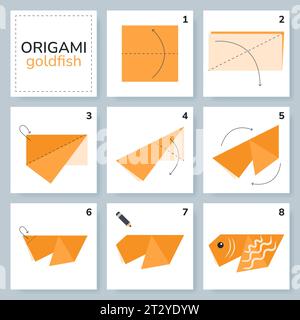 Origami-Tutorial für Kinder. Origami, süßer Goldfisch. Stock Vektor