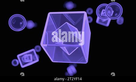 Animierte neonviolette Würfel und Kugeln im dunklen Raum. Design. Geometrie stellt Silhouetten dar. Stockfoto