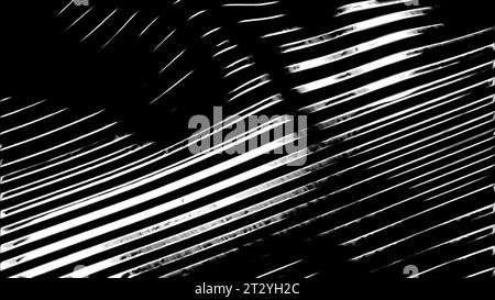 Abstrakte, reflektierende, metallische Wellen in 3D-Optik mit schmalen Streifen. Design. Schwarzer und weißer industrieller Hintergrund mit geschwungenen Linien. Stockfoto
