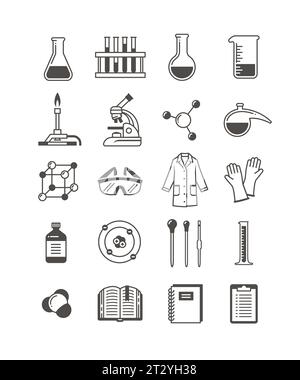 Symbole für Chemielabore. Symbole für chemische Laborgeräte. Chemiekurs, Schulfach schwarz-weiße Glyphen. Einfache Silhouettenpiktogramme von mi Stock Vektor