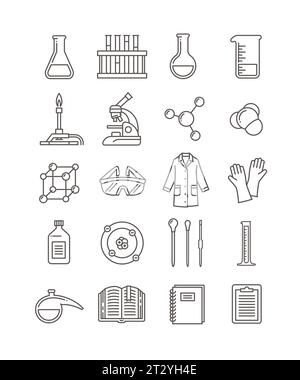 Symbole für Chemielabore. Lineare Symbole für chemische Laborgeräte. Chemieklasse, Schulfach Glyphen. Dünne Piktogramme des Mikroskops, Stock Vektor