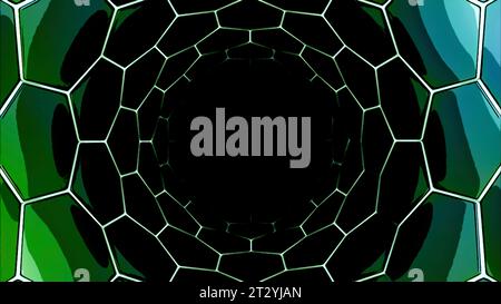 Glitzer-Neonlichter, Sechseck-Tunnel, futuristischer Korridor. Design. Endloser dunkler technologischer Tunnel. Stockfoto