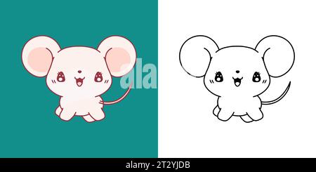 Vector Baby Mäuse mehrfarbig und schwarz und weiß. Wunderschöne Clip Art Mäuse. Cartoon Vektor Illustration von Kawaii Haustier für Aufkleber, Drucke für Kleidung Stock Vektor