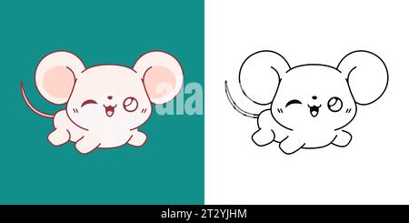 Niedliche isolierte Maus Illustration und für Ausmalseite. Cartoon Clip Art Baby Ratte. Cartoon Vektor Illustration von Kawaii Haustier für Aufkleber, Drucke für Stock Vektor