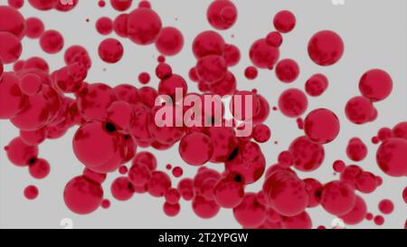 Rote Blutkörperchen bewegen sich im Blutkreislauf. Design. Rote Partikel auf weißem Hintergrund. Stockfoto