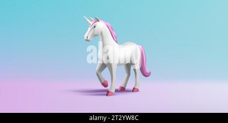 3D-Rendering-Illustration eines Einhornpferdes mit rosa Mähne und Geschichte, weißem Tier, Volumenform, Zeichentrickfigur Stock Vektor