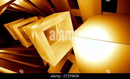 Abstrakter Tunnel mit bewegter 3D-Optik. Design. Würfel, die durch die quadratischen Formen in einem Tunnel fließen. Stockfoto
