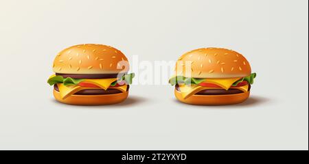 Cheeseburger 3D Illustration, ein- und doppeltes Rindfleisch, realistisches Fast Food Menü, isoliert Stock Vektor