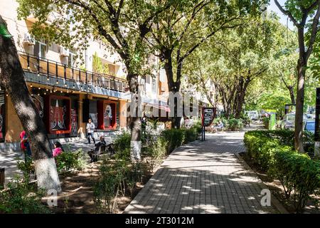 Jerewan, Armenien - 14. September 2023: Fußgängerweg mit grünem Boulevard auf der Abovyan Straße im zentralen Stadtteil Kentron der Stadt Jerewan auf sonnigem Gelände Stockfoto