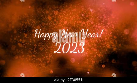 Animation der Worte Happy New Year 2023 in weißen Buchstaben mit Orangenrauch und Funkeln. Bewegung. Konzept des Winterurlaubs und der Feierlichkeiten. Stockfoto