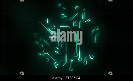 Abstrakt laufende grüne Neonsignale, die wie Biegelinien in kreisförmiger Form aussehen. Bewegung. Grün leuchtende Leiterplatte. Stockfoto