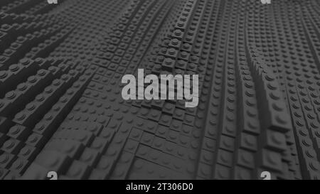 Monochrome, wellenförmige Fliesen auf langen Streifenreihen. Design. Schwarz-weiß wellige Kunststofflinien. Stockfoto