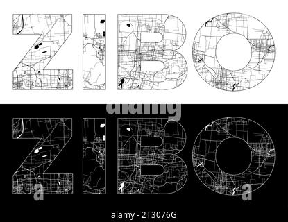 Zibo City Name (China, Asien) mit schwarzweißem Stadtplan Illustrationsvektor Stock Vektor