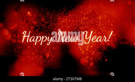 Animation der Worte Happy New Year 2023 in weißen Buchstaben mit Orangenrauch und Funkeln. Bewegung. Konzept des Winterurlaubs und der Feierlichkeiten. Stockfoto