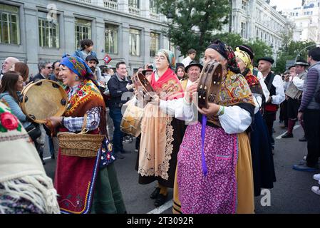 Die Schaf- und Ziegenherde, begleitet von Schäfern, durchqueren die Straßen von Zentral-Madrid während der Wanderei, die jährlich gefeiert wird. Oktober Stockfoto