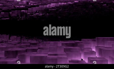 Schwarzer Hintergrund mit grünen und violetten Wänden. Design. Ein sich nach innen bewegender Tunnel in Abstraktion. Stockfoto